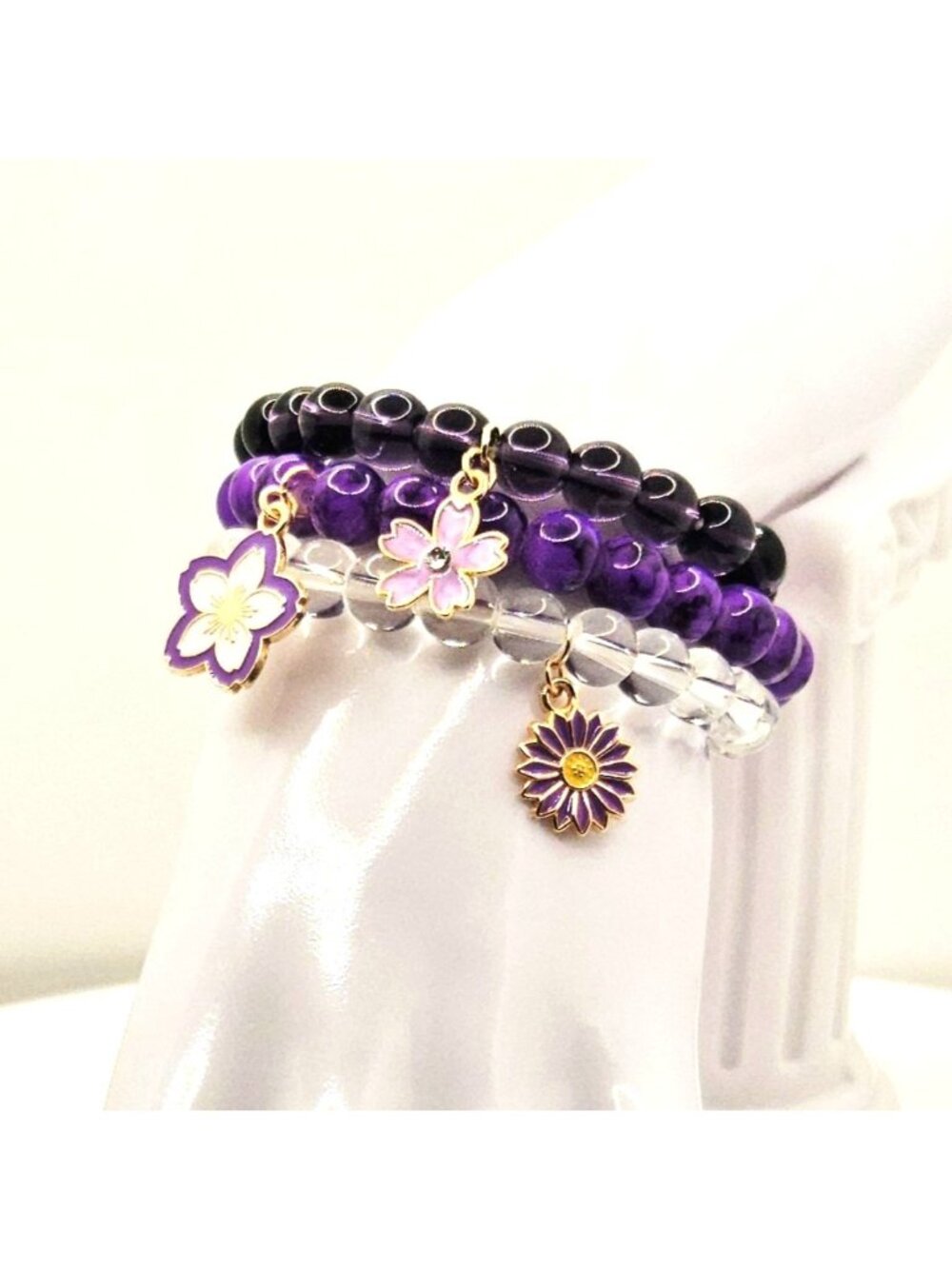 Purple Flower Bracelet Set, Floral Charm Bracelet Stack, Lavender Jewelry Gift
